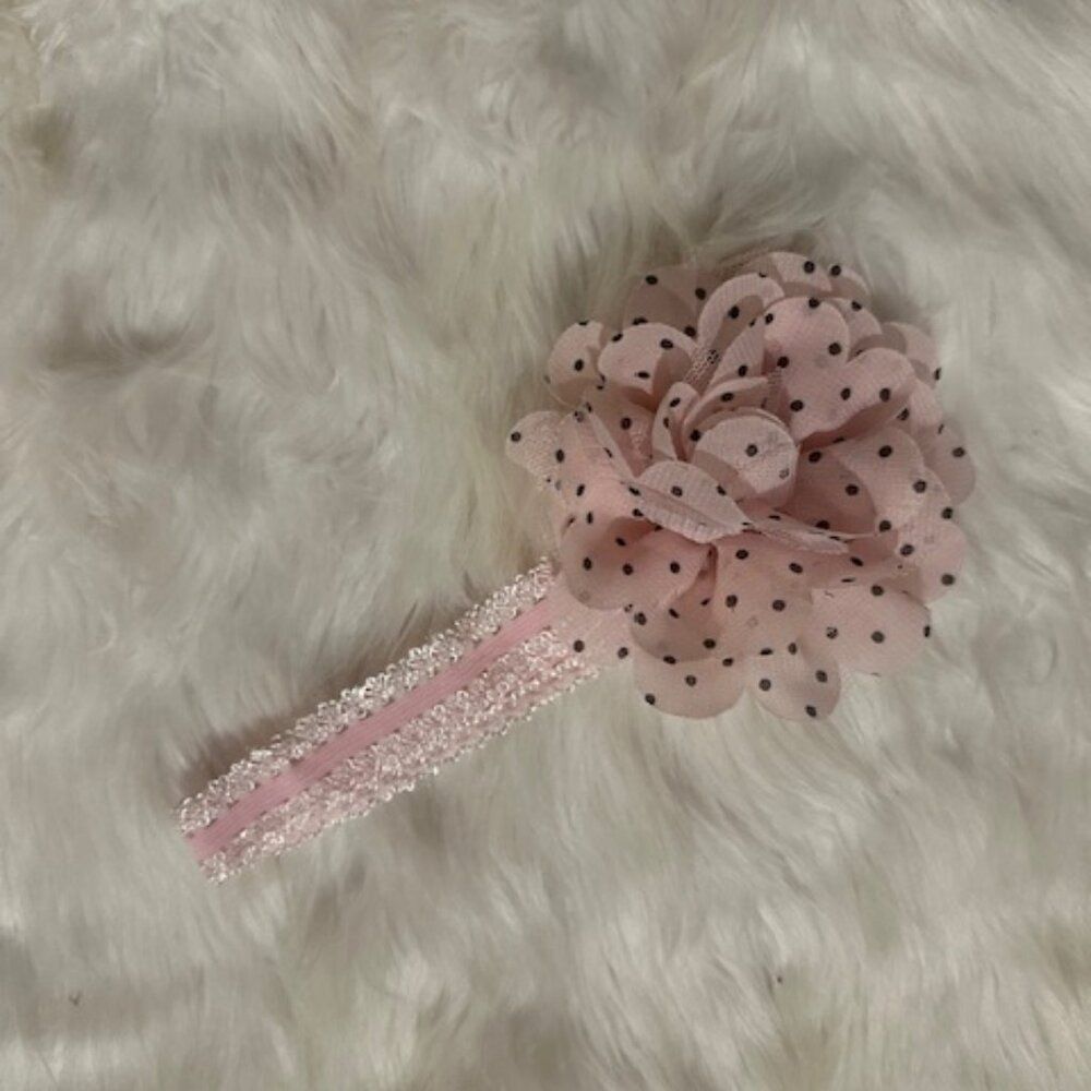 Pink Polka Dot Chiffon & Lace 4" Flower on FOE Headband  7486  Handmade NWT